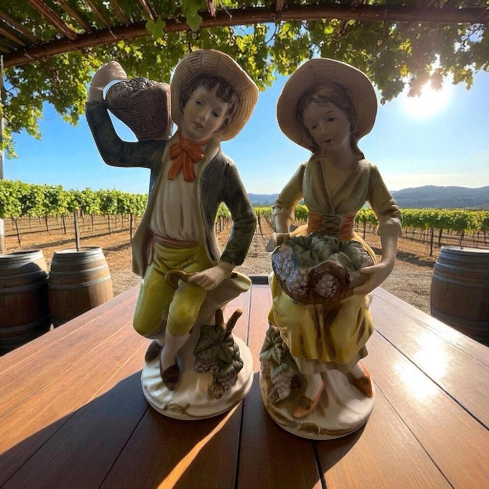 Vintage HOMCO #1258 Boy & Girl Figurine Set w/ Grapes 8.5"